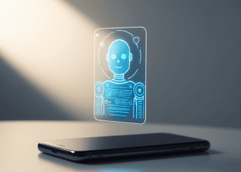 Robot holográfico de asistente inteligente sobre un portátil, innovación en gestión empresarial en S.