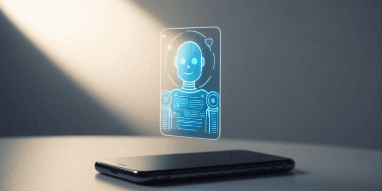 Robot holográfico de asistente inteligente sobre un portátil, innovación en gestión empresarial en S.