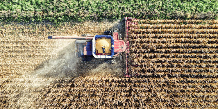 Maquinaria agrícola en campo de Soria durante la cosecha.