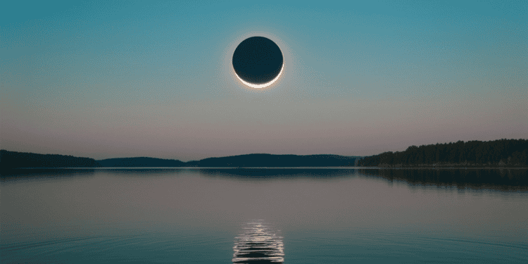 Eclipse solar total sobre el embalse de Soria, con reflejo en el agua y cielo despejado.