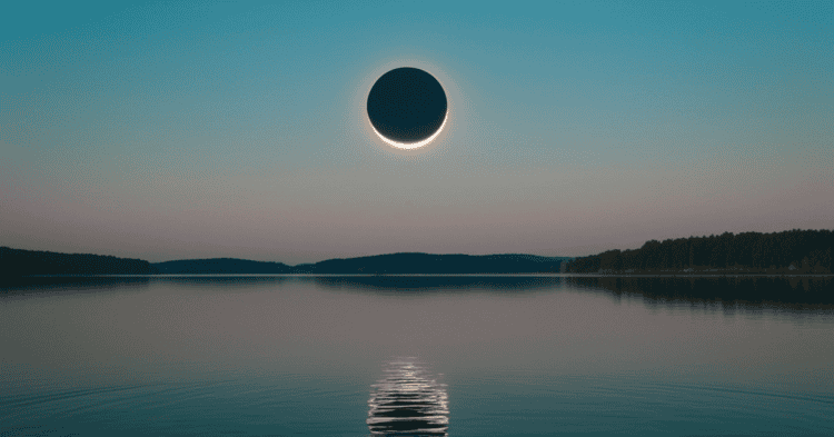 Eclipse solar total sobre el embalse de Soria, con reflejo en el agua y cielo despejado.