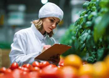 Imagen de una mujer inspectora en un invernadero de Soria revisando cultivos agrícolas.