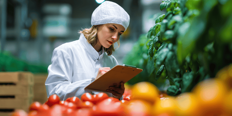 Imagen de una mujer inspectora en un invernadero de Soria revisando cultivos agrícolas.