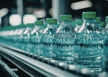 Botellas de agua en línea en una planta de embotellado en Soria.