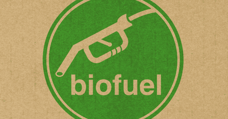 Logotipo de biofuel con pistola de gasolina en fondo de papel kraft verde y beige.
